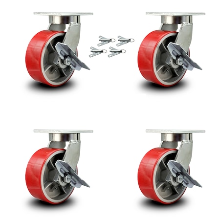 Service Caster 8 Inch Heavy Duty Red Poly on Cast Iron Caster Set with Brake and Swivel Lock SCC-KP92S830-PUR-RS-SLB-BSL-4